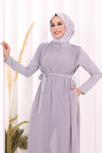 Şifon Pelerin Detay Bel Kuşaklı Tulum 3330 Gri - 4