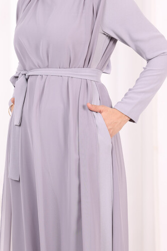 Şifon Pelerin Detay Bel Kuşaklı Tulum 3330 Gri - 5