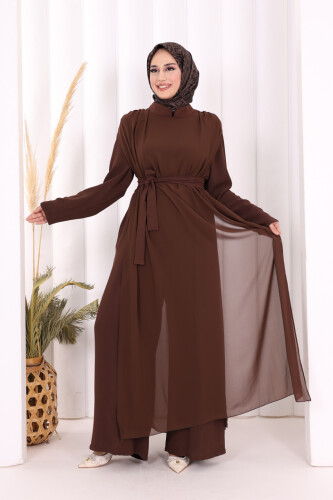 Şifon Pelerin Detay Bel Kuşaklı Tulum 3330 Kahverengi 