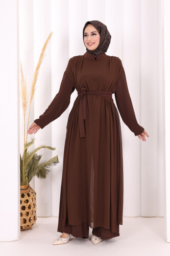 Şifon Pelerin Detay Bel Kuşaklı Tulum 3330 Kahverengi - 2