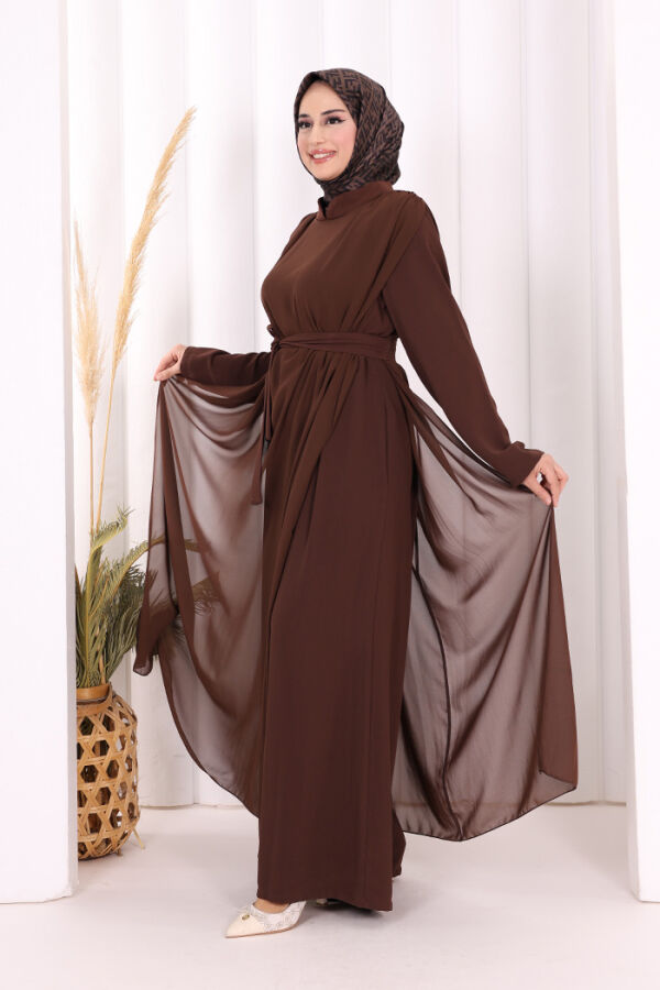 Şifon Pelerin Detay Bel Kuşaklı Tulum 3330 Kahverengi - 3