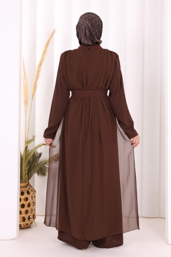 Şifon Pelerin Detay Bel Kuşaklı Tulum 3330 Kahverengi - 4