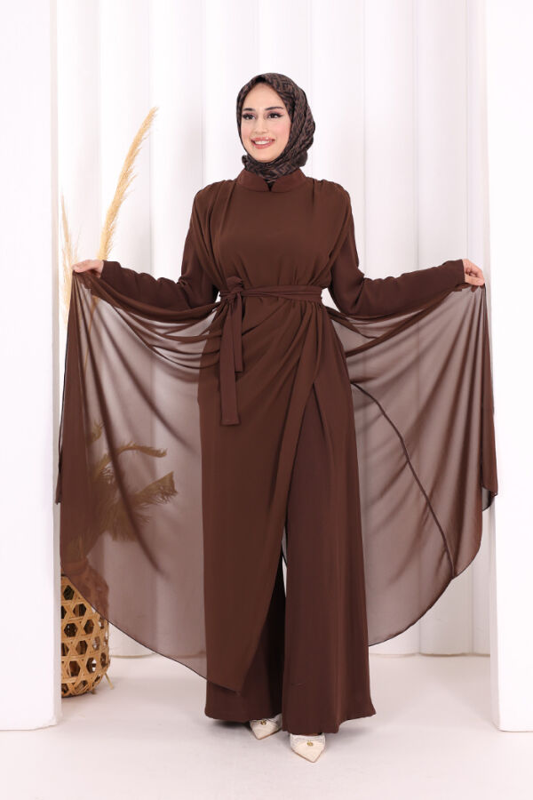 Şifon Pelerin Detay Bel Kuşaklı Tulum 3330 Kahverengi - 5