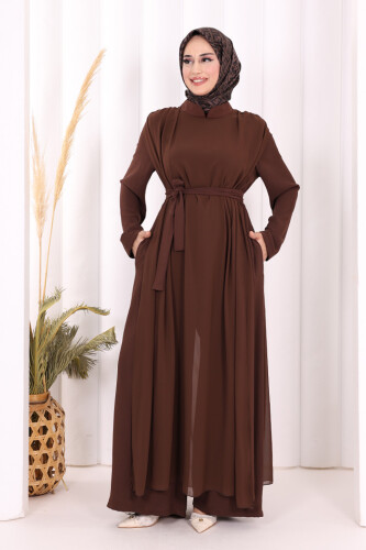 Şifon Pelerin Detay Bel Kuşaklı Tulum 3330 Kahverengi - 6