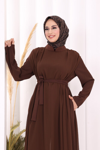 Şifon Pelerin Detay Bel Kuşaklı Tulum 3330 Kahverengi - 7