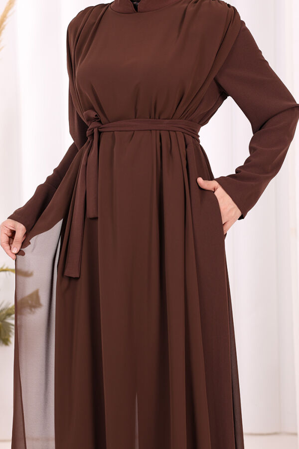 Şifon Pelerin Detay Bel Kuşaklı Tulum 3330 Kahverengi - 8
