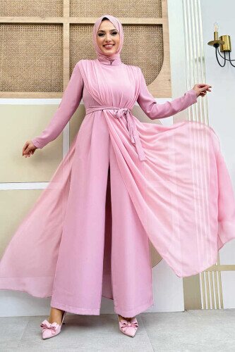 Şifon Pelerin Detay Bel Kuşaklı Tulum 3330 Pudra - Bym Fashion