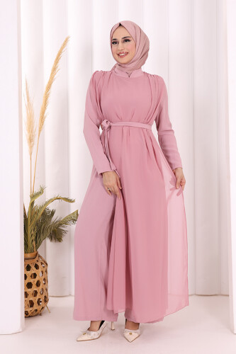 Şifon Pelerin Detay Bel Kuşaklı Tulum 3330 Pudra