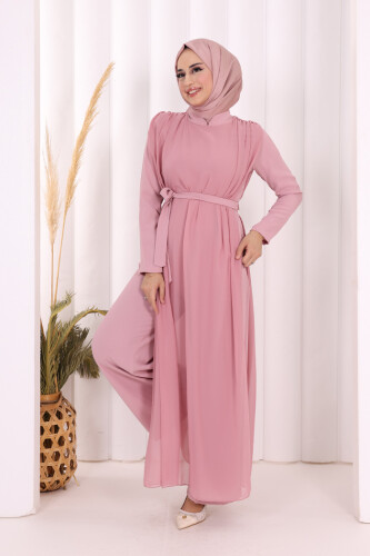 Şifon Pelerin Detay Bel Kuşaklı Tulum 3330 Pudra - 2