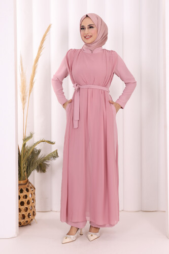 Şifon Pelerin Detay Bel Kuşaklı Tulum 3330 Pudra - 3