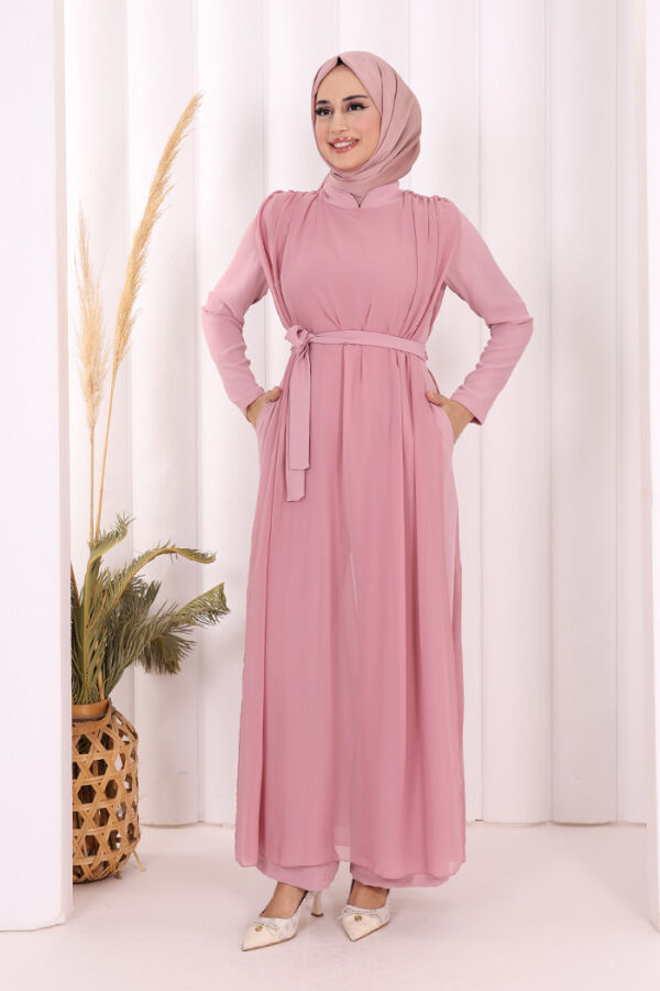 Şifon Pelerin Detay Bel Kuşaklı Tulum 3330 Pudra - 3