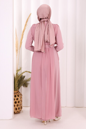 Şifon Pelerin Detay Bel Kuşaklı Tulum 3330 Pudra - 4