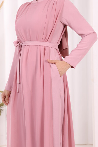 Şifon Pelerin Detay Bel Kuşaklı Tulum 3330 Pudra - 6