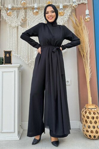 Şifon Pelerin Detay Bel Kuşaklı Tulum 3330 Siyah - Bym Fashion