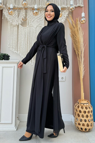 Şifon Pelerin Detay Bel Kuşaklı Tulum 3330 Siyah - 6