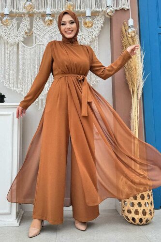 Şifon Pelerin Detay Bel Kuşaklı Tulum 3330 Taba - Bym Fashion