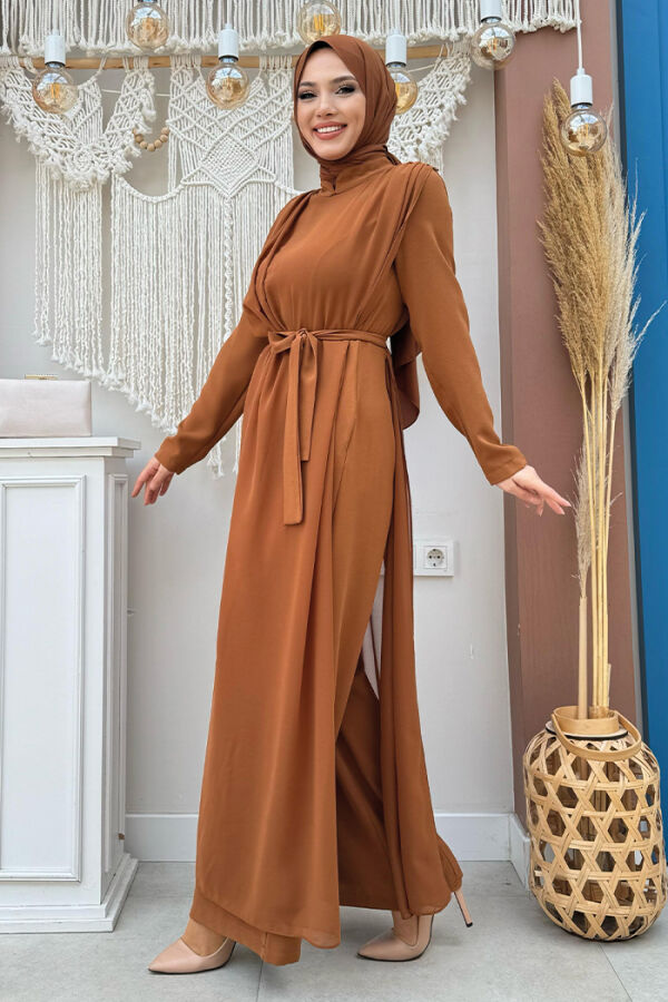 Şifon Pelerin Detay Bel Kuşaklı Tulum 3330 Taba - 7