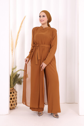 Şifon Pelerin Detay Bel Kuşaklı Tulum 3330 Taba 