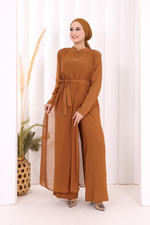 Şifon Pelerin Detay Bel Kuşaklı Tulum 3330 Taba - 1