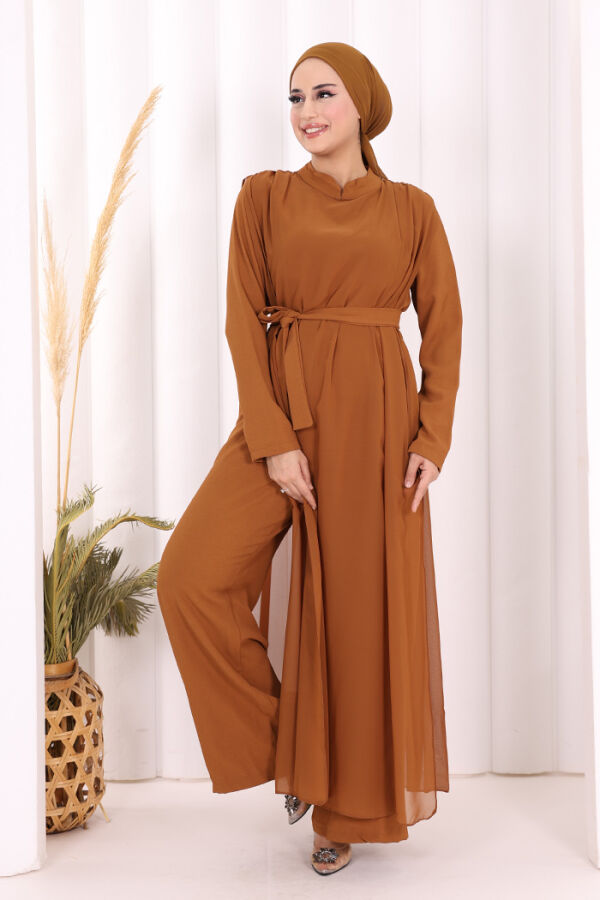 Şifon Pelerin Detay Bel Kuşaklı Tulum 3330 Taba - 2