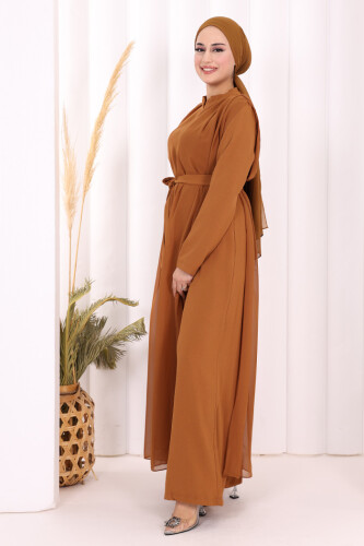 Şifon Pelerin Detay Bel Kuşaklı Tulum 3330 Taba - 3