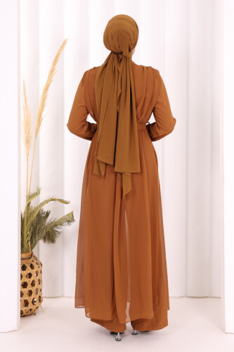 Şifon Pelerin Detay Bel Kuşaklı Tulum 3330 Taba - 4