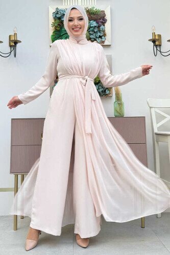 Şifon Pelerin Detay Bel Kuşaklı Tulum 3330 Taş - Bym Fashion