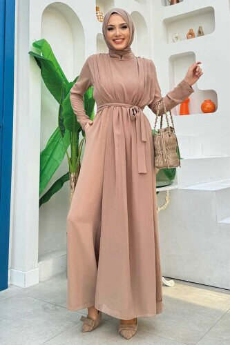 Şifon Pelerin Detay Bel Kuşaklı Tulum 3330 Vizon - Bym Fashion