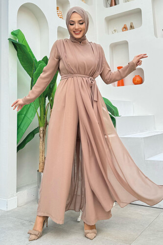 Şifon Pelerin Detay Bel Kuşaklı Tulum 3330 Vizon - 6