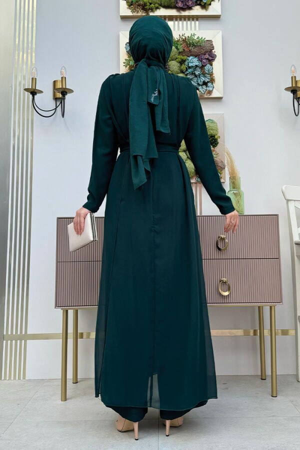 Şifon Pelerin Detay Bel Kuşaklı Tulum 3330 Zümrüt - 6