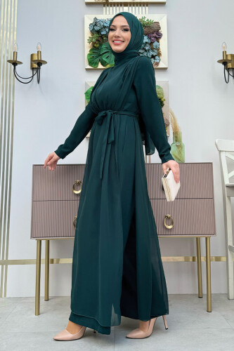 Şifon Pelerin Detay Bel Kuşaklı Tulum 3330 Zümrüt - 7