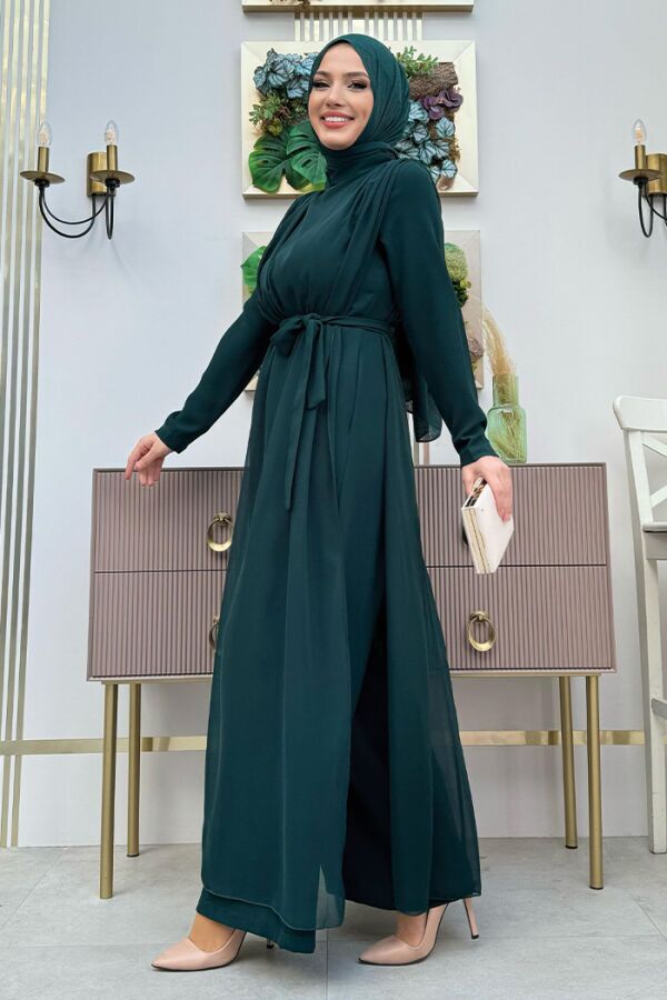 Şifon Pelerin Detay Bel Kuşaklı Tulum 3330 Zümrüt - 7