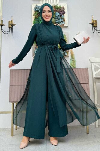 Şifon Pelerin Detay Bel Kuşaklı Tulum 3330 Zümrüt - Bym Fashion