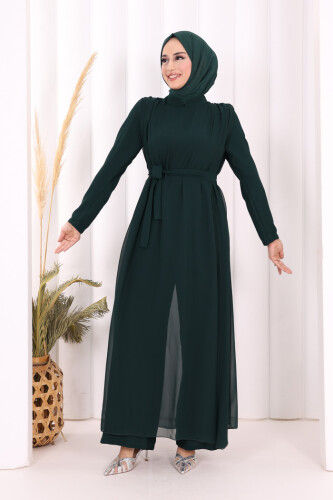 Şifon Pelerin Detay Bel Kuşaklı Tulum 3330 Zümrüt 