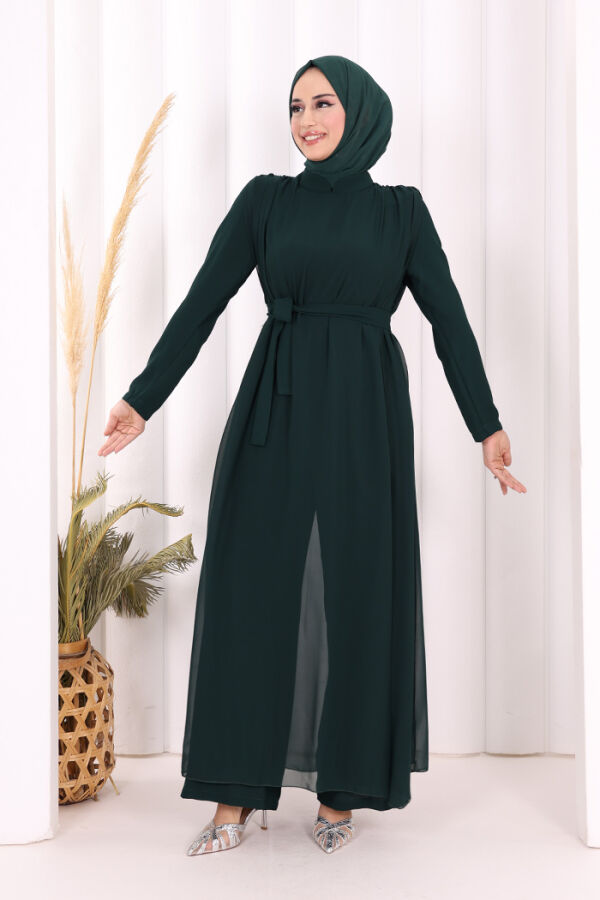 Şifon Pelerin Detay Bel Kuşaklı Tulum 3330 Zümrüt - 1