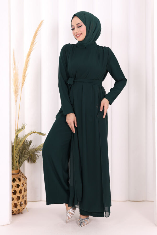 Şifon Pelerin Detay Bel Kuşaklı Tulum 3330 Zümrüt - 2