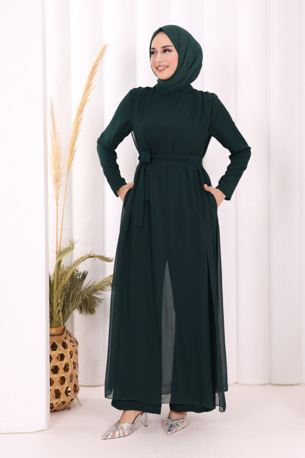 Şifon Pelerin Detay Bel Kuşaklı Tulum 3330 Zümrüt - 3