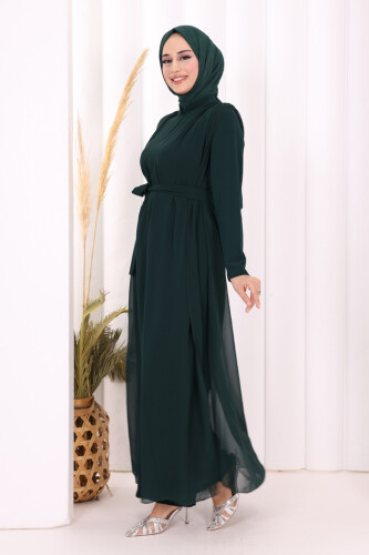 Şifon Pelerin Detay Bel Kuşaklı Tulum 3330 Zümrüt - 4