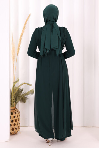 Şifon Pelerin Detay Bel Kuşaklı Tulum 3330 Zümrüt - 5