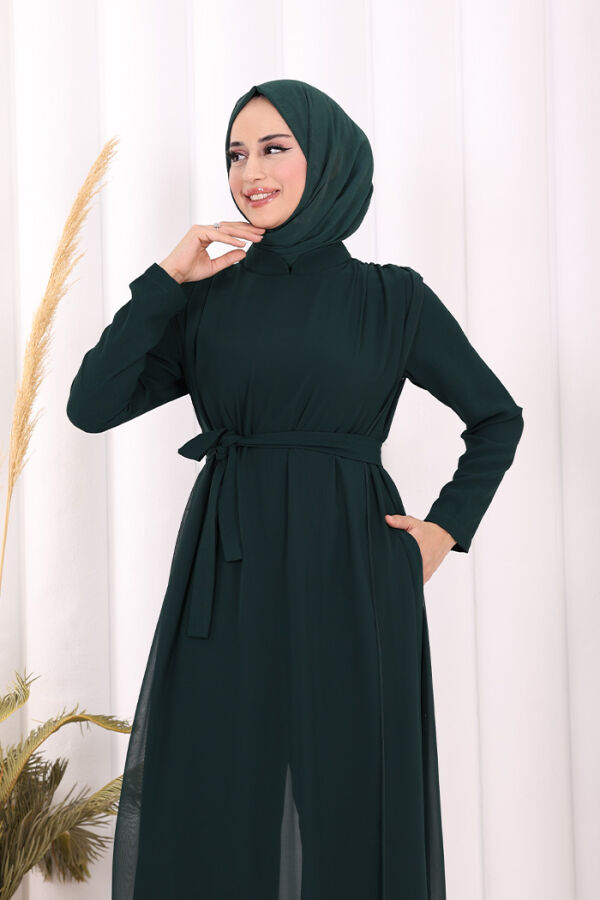 Şifon Pelerin Detay Bel Kuşaklı Tulum 3330 Zümrüt - 6