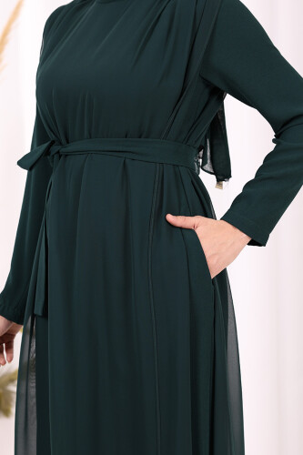 Şifon Pelerin Detay Bel Kuşaklı Tulum 3330 Zümrüt - 7