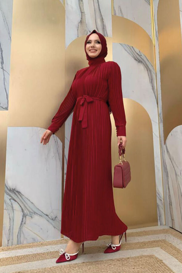 Boğaz Detaylı Piliseli İç Elbiseli Kuşaklı Takım 3403 Bordo - 6