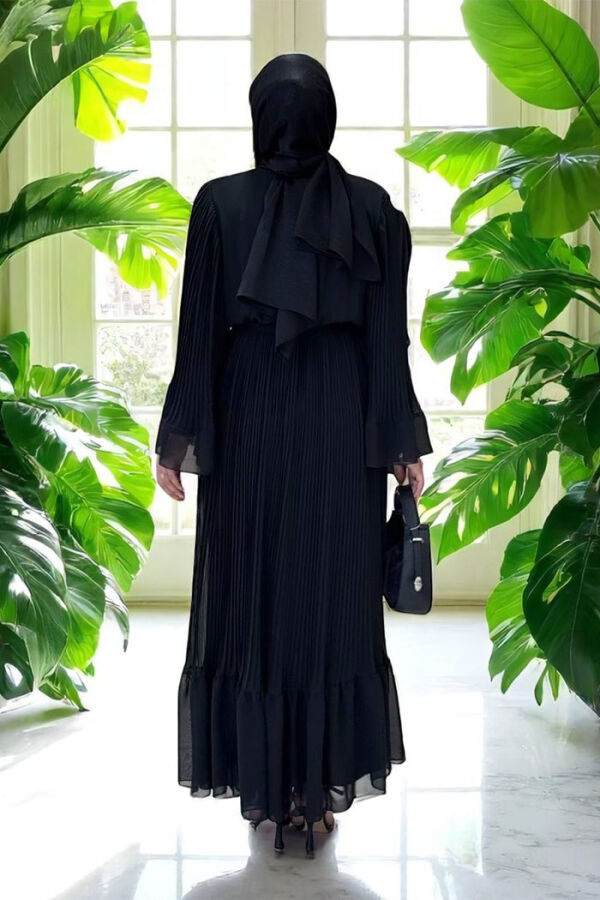 Pleated Ruffle Look Lined Chiffon Dress 3404 Black - 2
