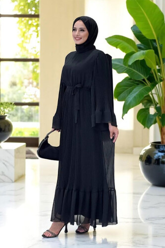 Pleated Ruffle Look Lined Chiffon Dress 3404 Black - 3