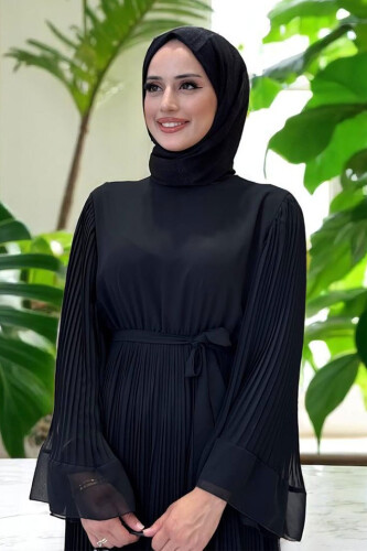 Pleated Ruffle Look Lined Chiffon Dress 3404 Black - 4