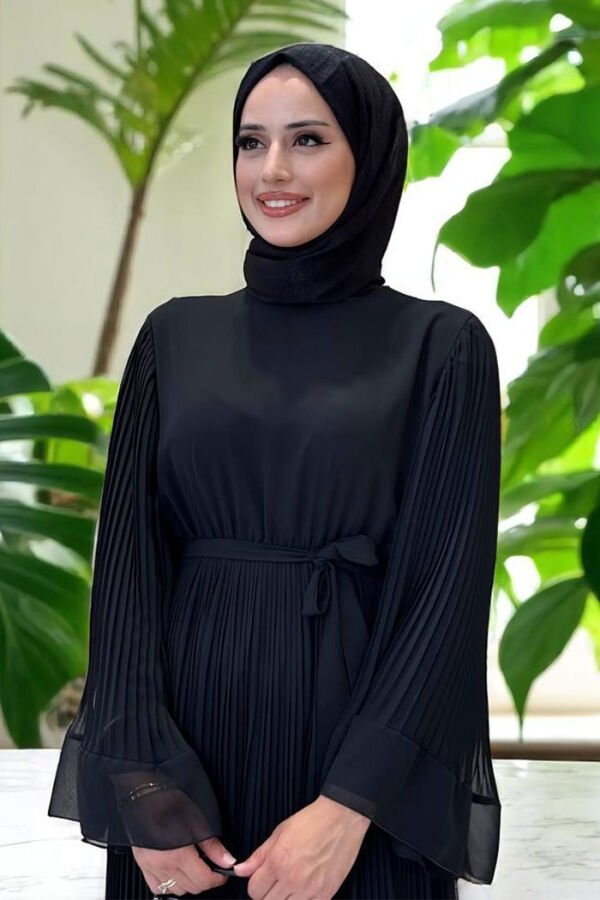 Pleated Ruffle Look Lined Chiffon Dress 3404 Black - 4