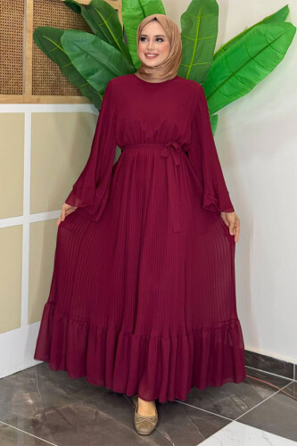 Pleated Ruffle Look Lined Chiffon Dress 3404 Claret Red - 2