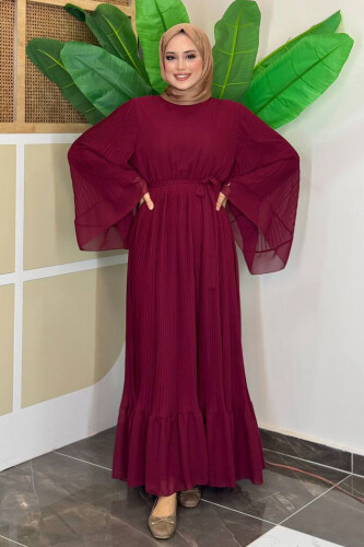 Pleated Ruffle Look Lined Chiffon Dress 3404 Claret Red - 3