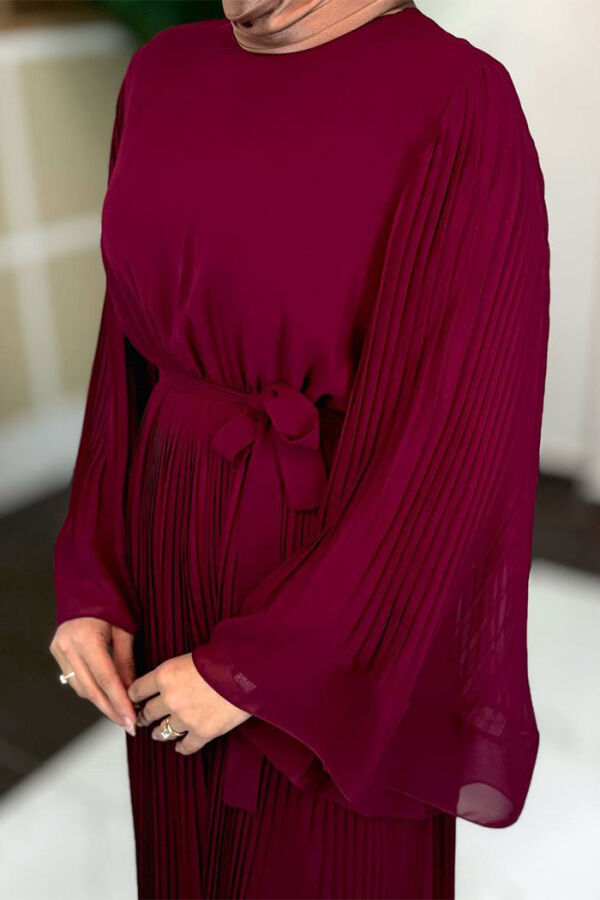 Pleated Ruffle Look Lined Chiffon Dress 3404 Claret Red - 4