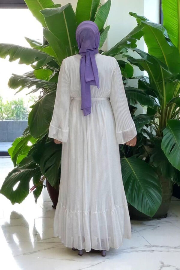 Pleated Ruffle Look Lined Chiffon Dress 3404 Ecru - 2